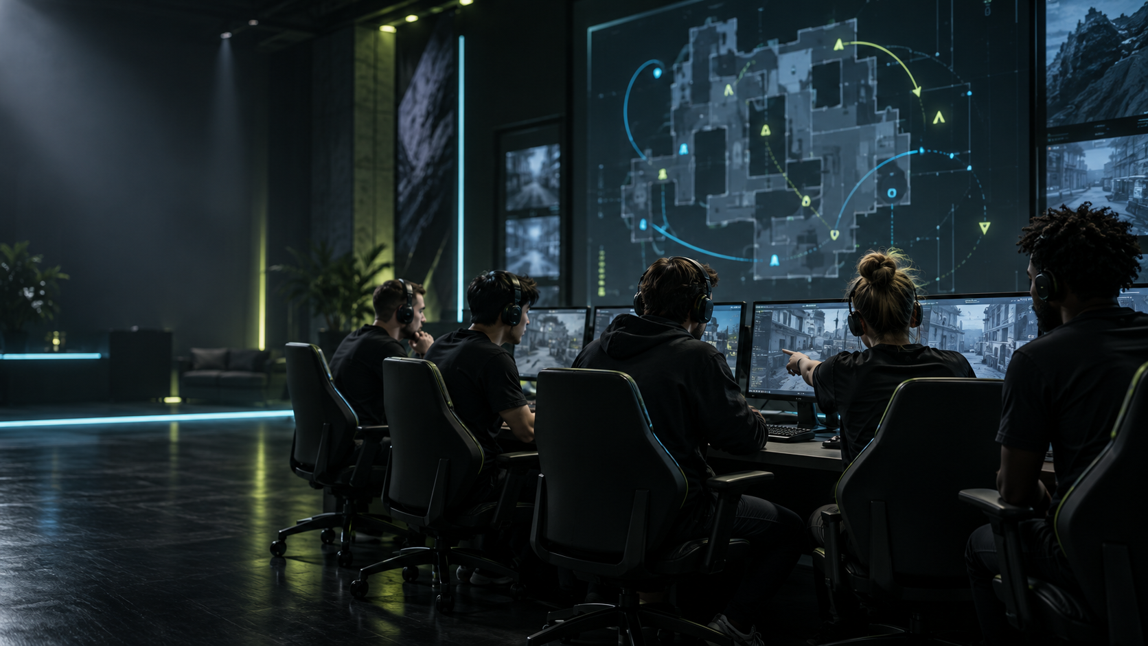 A five-player esports team training together in a modern tactical room